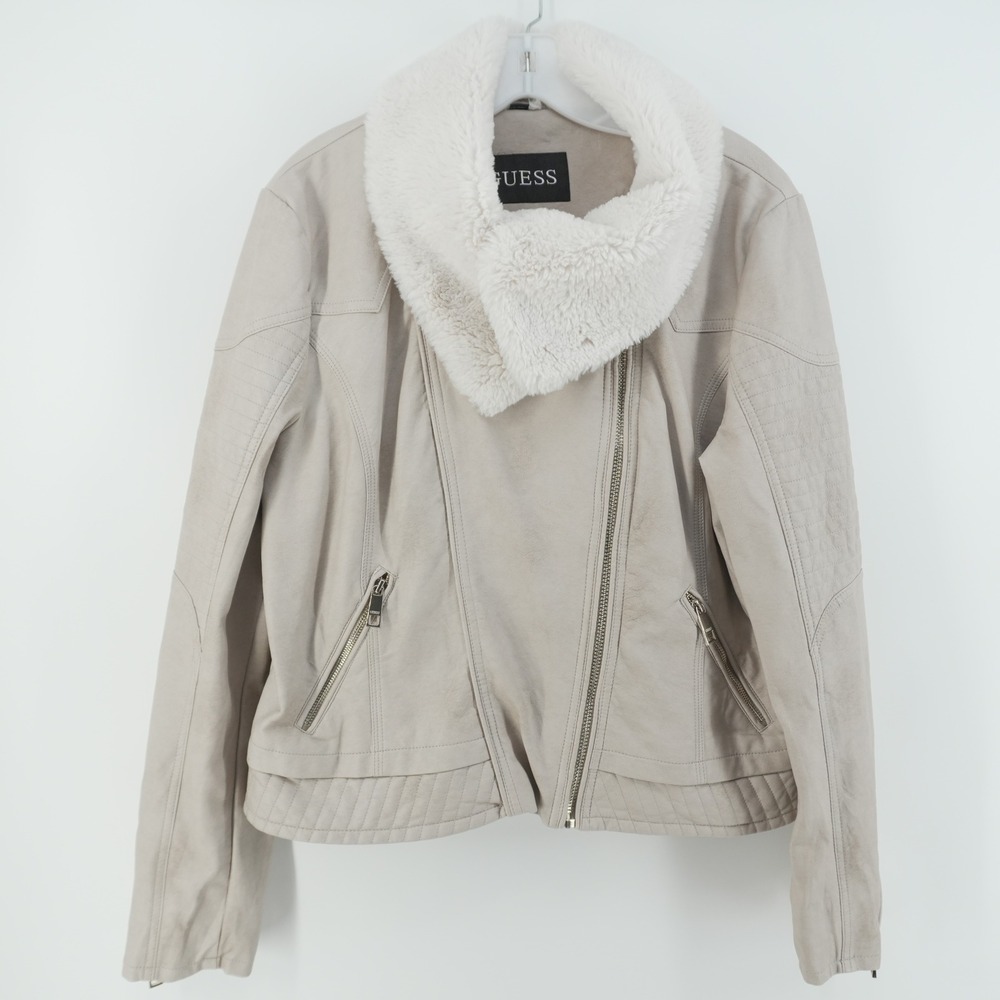 Guess Moto Jacket Women XXL Beige Faux Leather Fur Collar Asymmetrical Zip